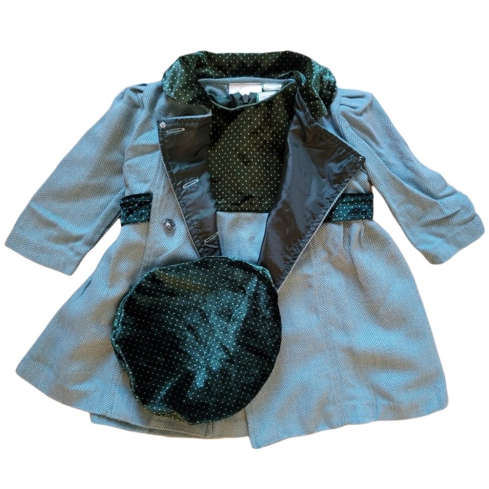 18 Month Vintage Little Bitty 3 Piece Coat, Dress, Hat Set: Green Holiday Velvet